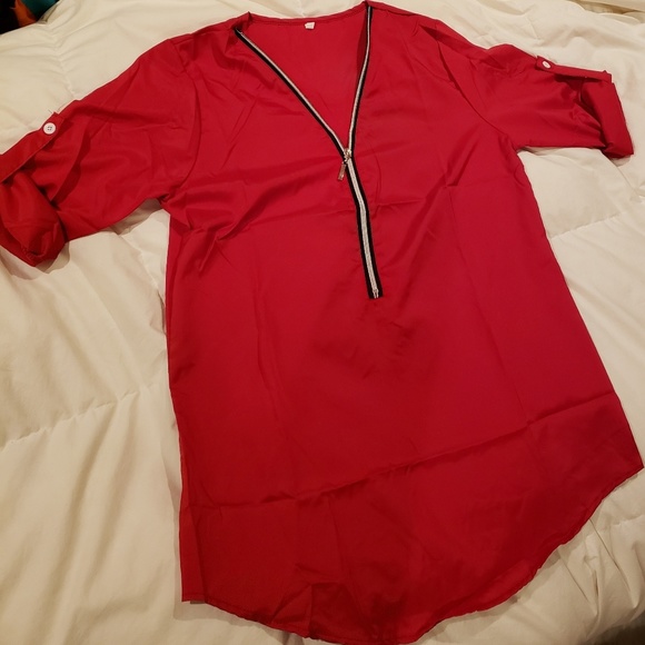 ****SOLD****Red Blouse zipper collar roll up - Picture 2 of 2